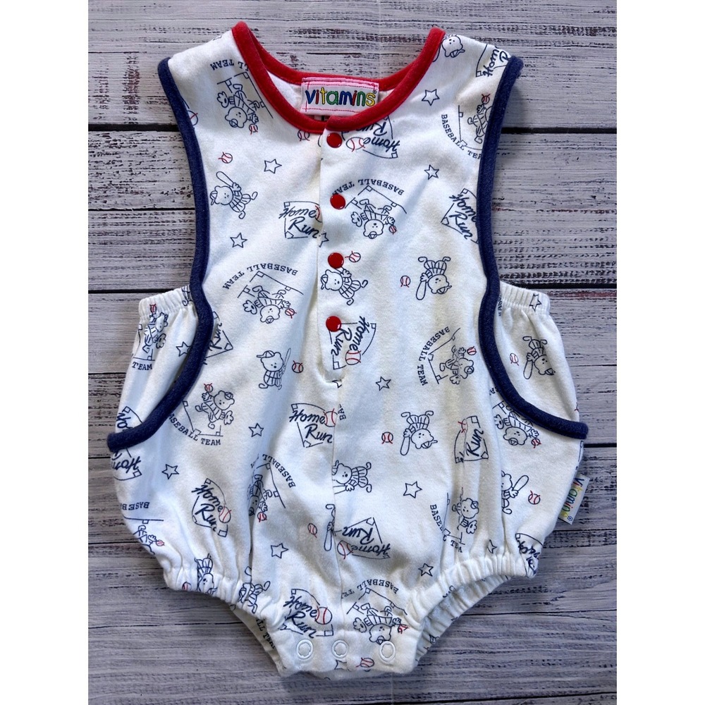 VTG Vitamins Romper Kids 24 M White Baseball Bear Sleeveless Cotton Snap Bottom